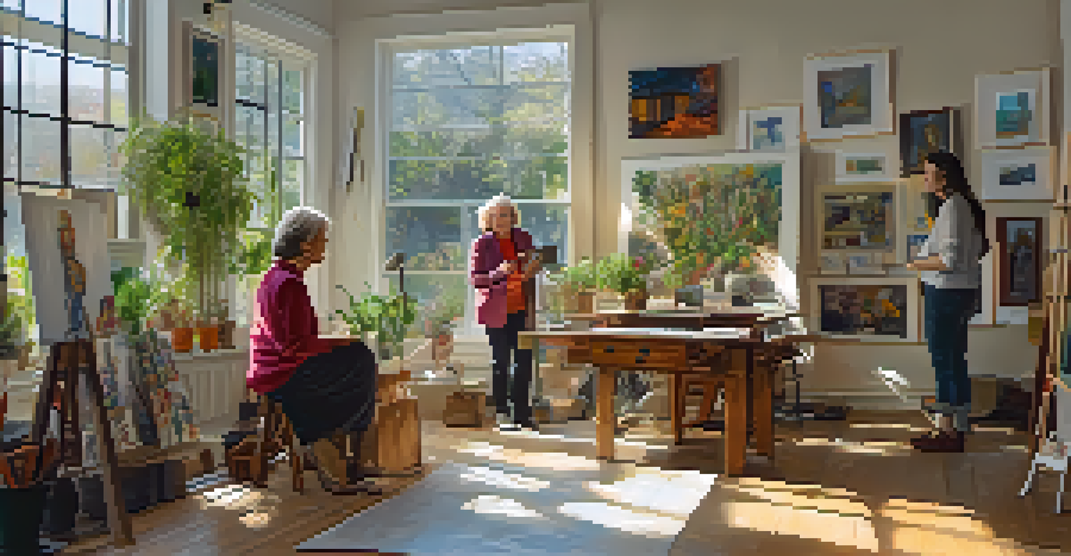 An artist explains her work to visitors in a well-lit studio filled with colorful art pieces and plants.