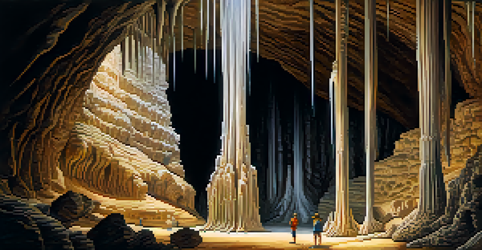 A captivating view inside Carlsbad Caverns, highlighting stalactites and stalagmites under warm lighting.