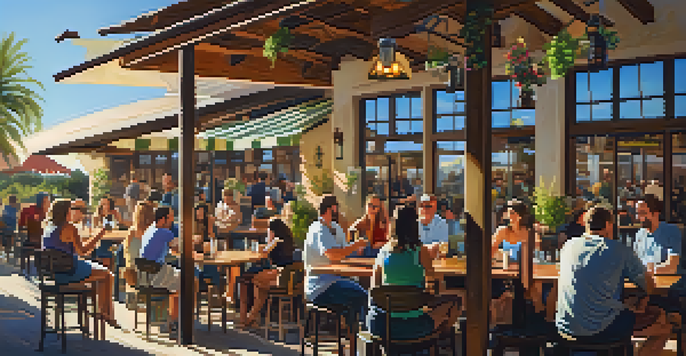 A lively outdoor brewery scene with people enjoying craft beers on a sunny day.