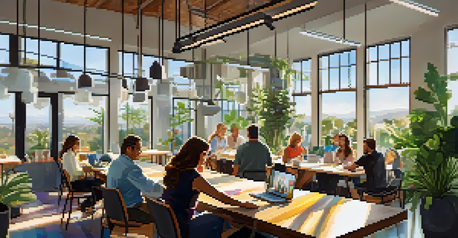 A modern collaborative workspace in Carlsbad filled with diverse people engaging in discussions around a large table.