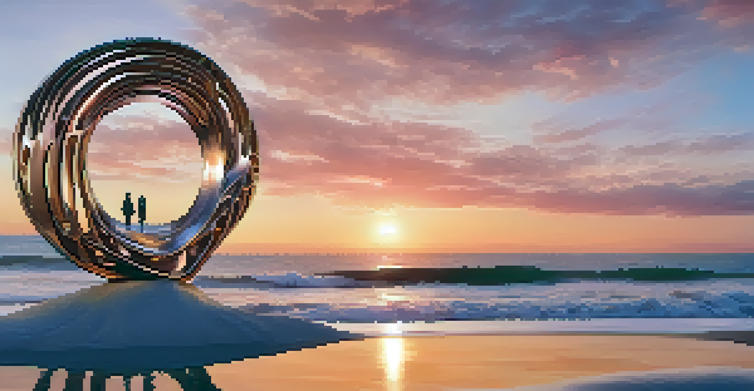 The 'Ocean's Heart' sculpture reflecting sunlight, surrounded by a serene beach and a sunset sky with warm hues.
