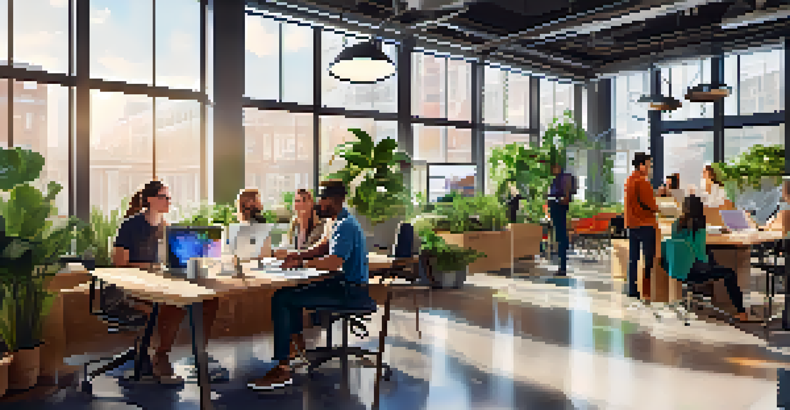 A diverse group of professionals working together in a bright coworking space with modern furniture and plants.