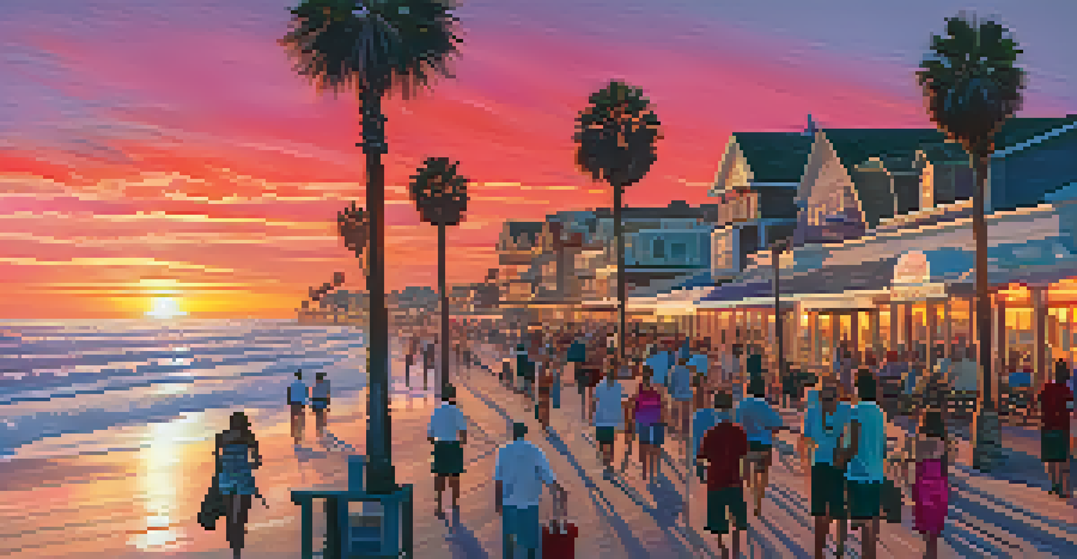 A colorful sunset at Carlsbad Village Boardwalk, with red and purple skies, people walking, restaurants, and palm trees.