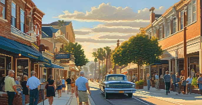 A scenic view of Carlsbad's historical district with vintage buildings and people on a walking tour at sunset.