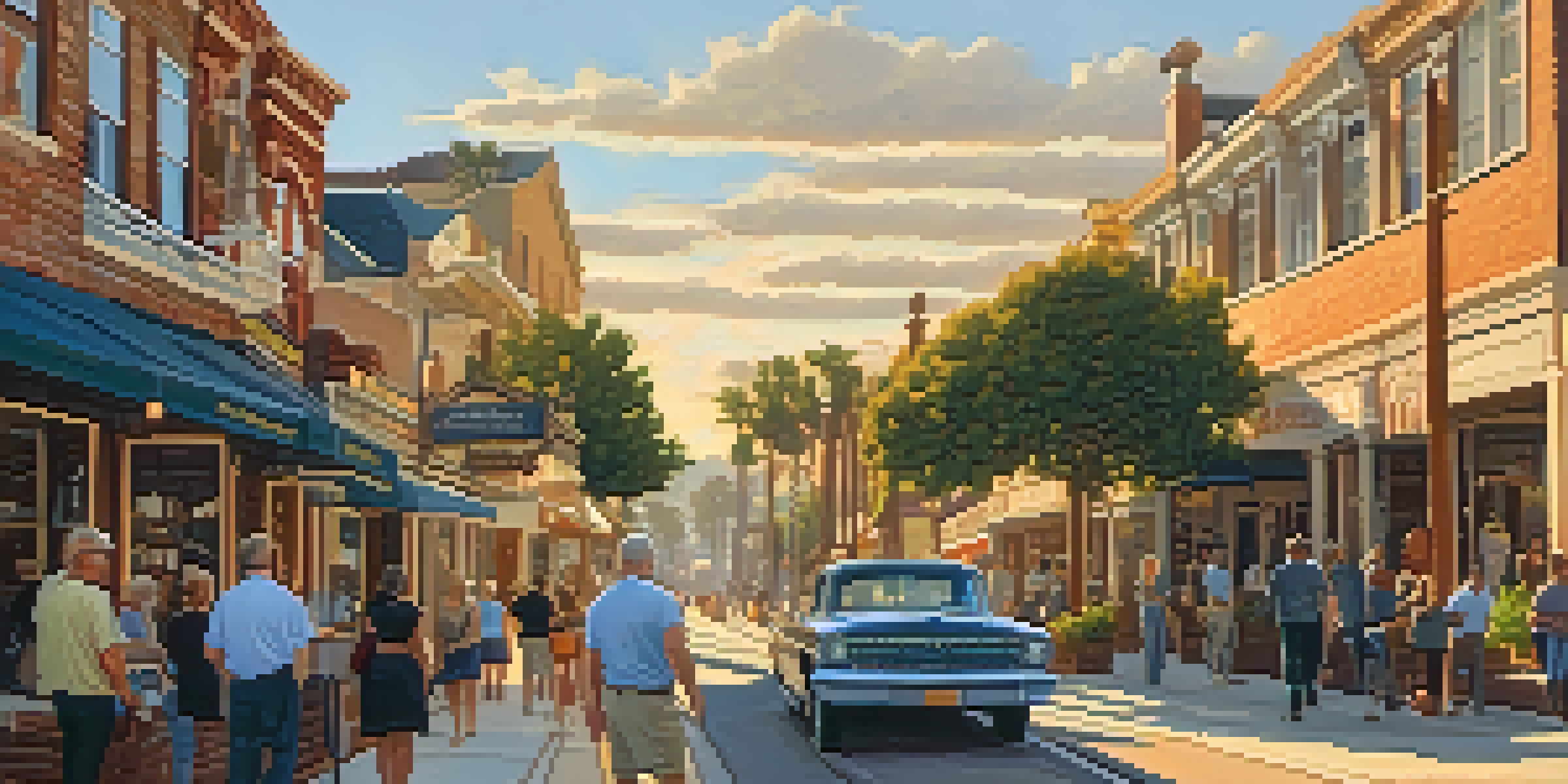 A scenic view of Carlsbad's historical district with vintage buildings and people on a walking tour at sunset.