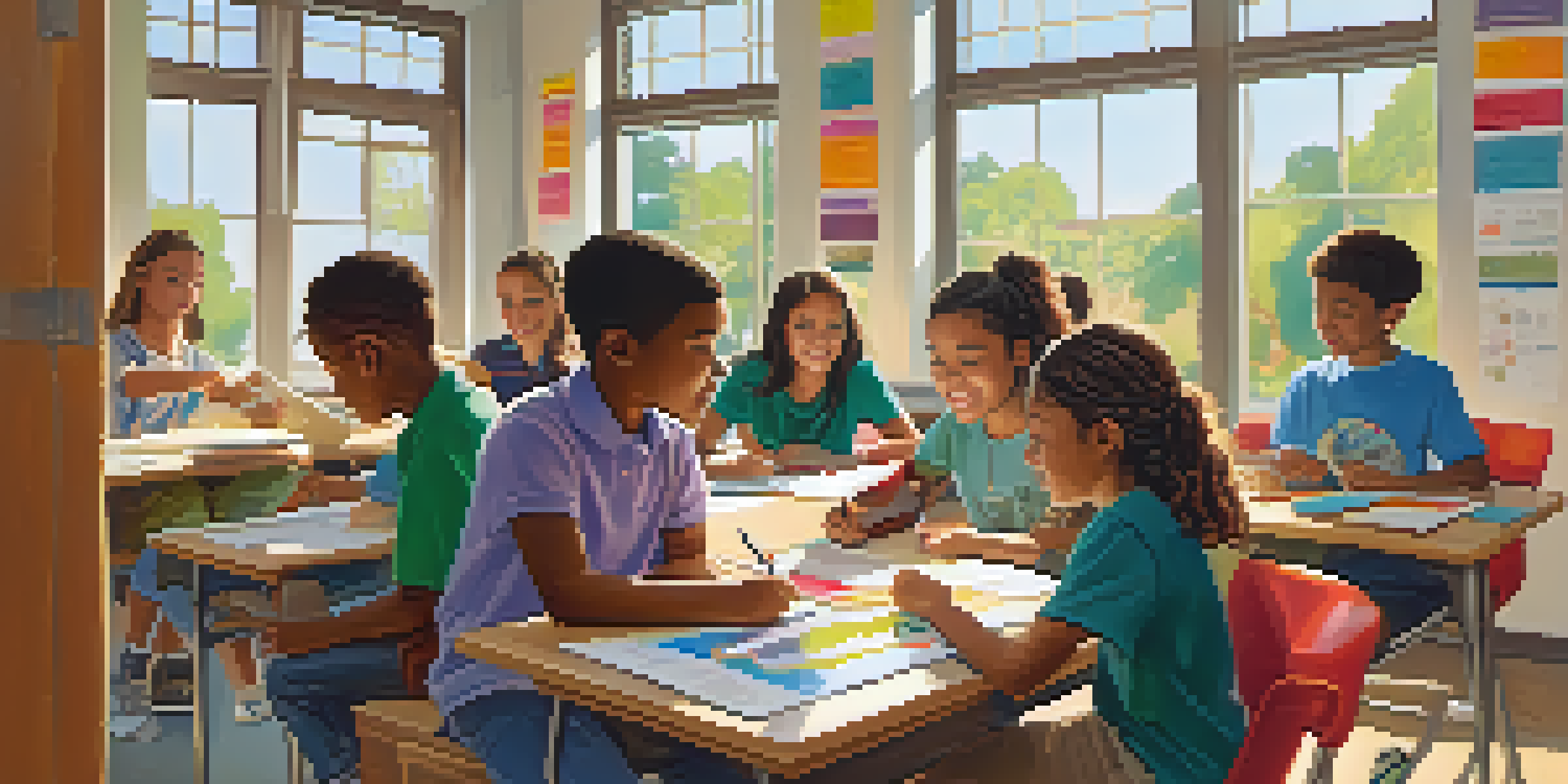 A lively classroom with diverse students collaborating on a project, surrounded by educational posters and natural light.