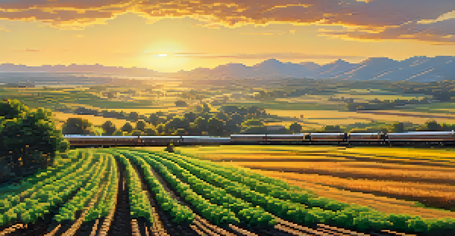 A scenic view of the Carlsbad Railroad tracks through farmland at sunset, with farmers harvesting crops and a train in the distance.