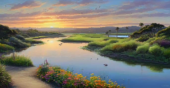 A peaceful sunset view of Batiquitos Lagoon Trail with a winding path and lush greenery.