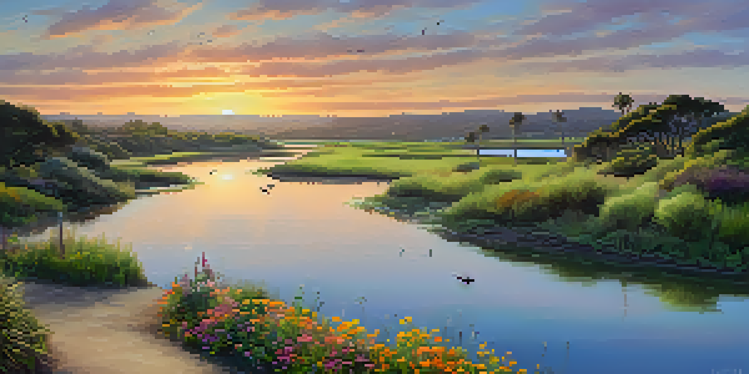 A peaceful sunset view of Batiquitos Lagoon Trail with a winding path and lush greenery.