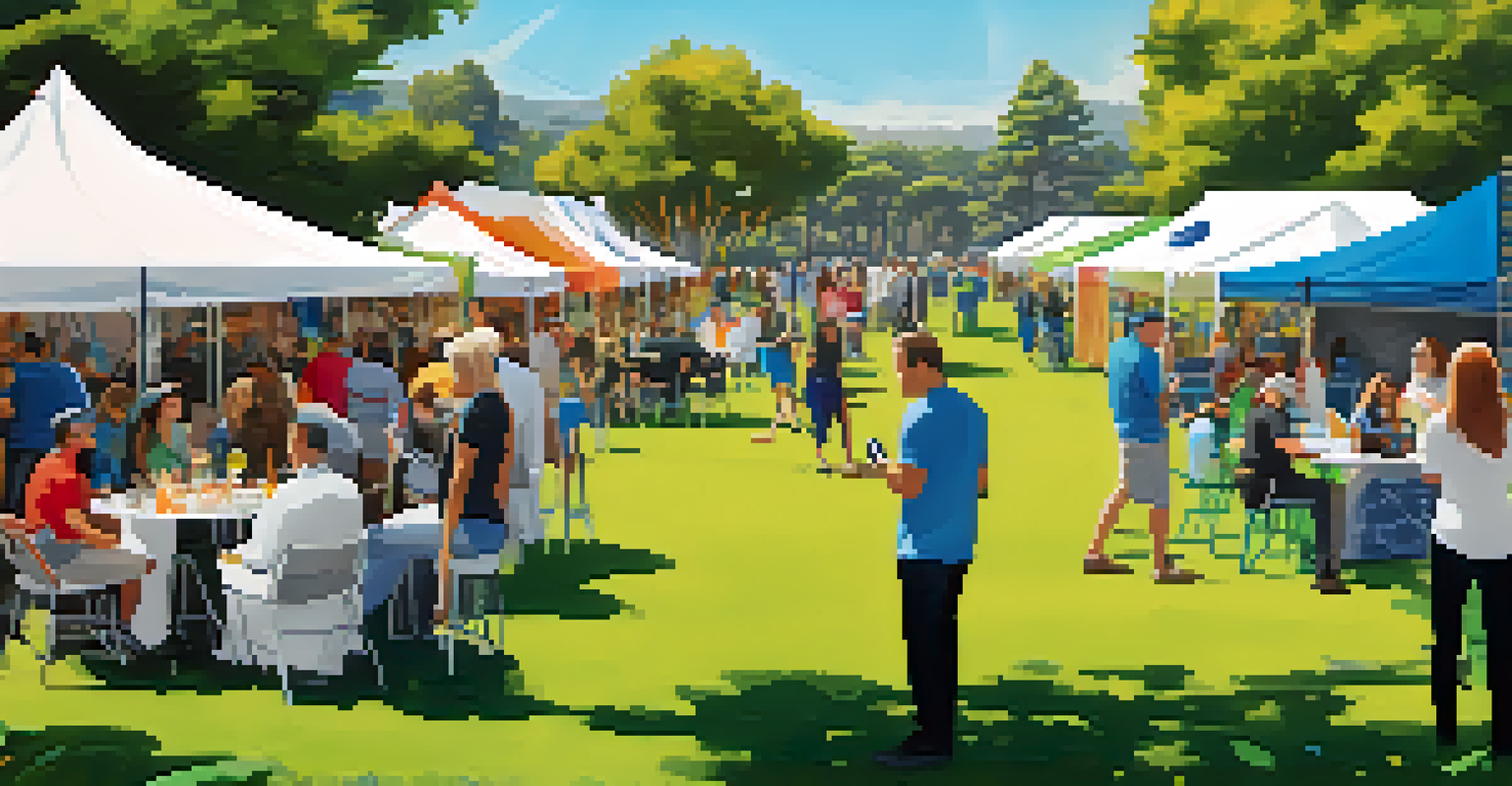 A lively outdoor networking event in a park in Carlsbad, featuring diverse attendees and various tech company booths.