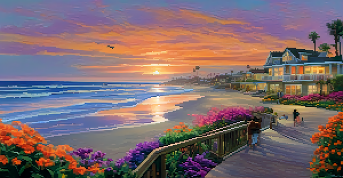 A family on a pontoon boat enjoying the sunset on Carlsbad's coastline, with colorful skies and gentle waves.