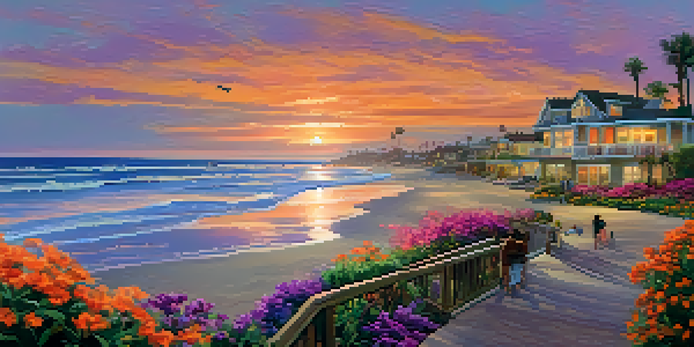 A family on a pontoon boat enjoying the sunset on Carlsbad's coastline, with colorful skies and gentle waves.