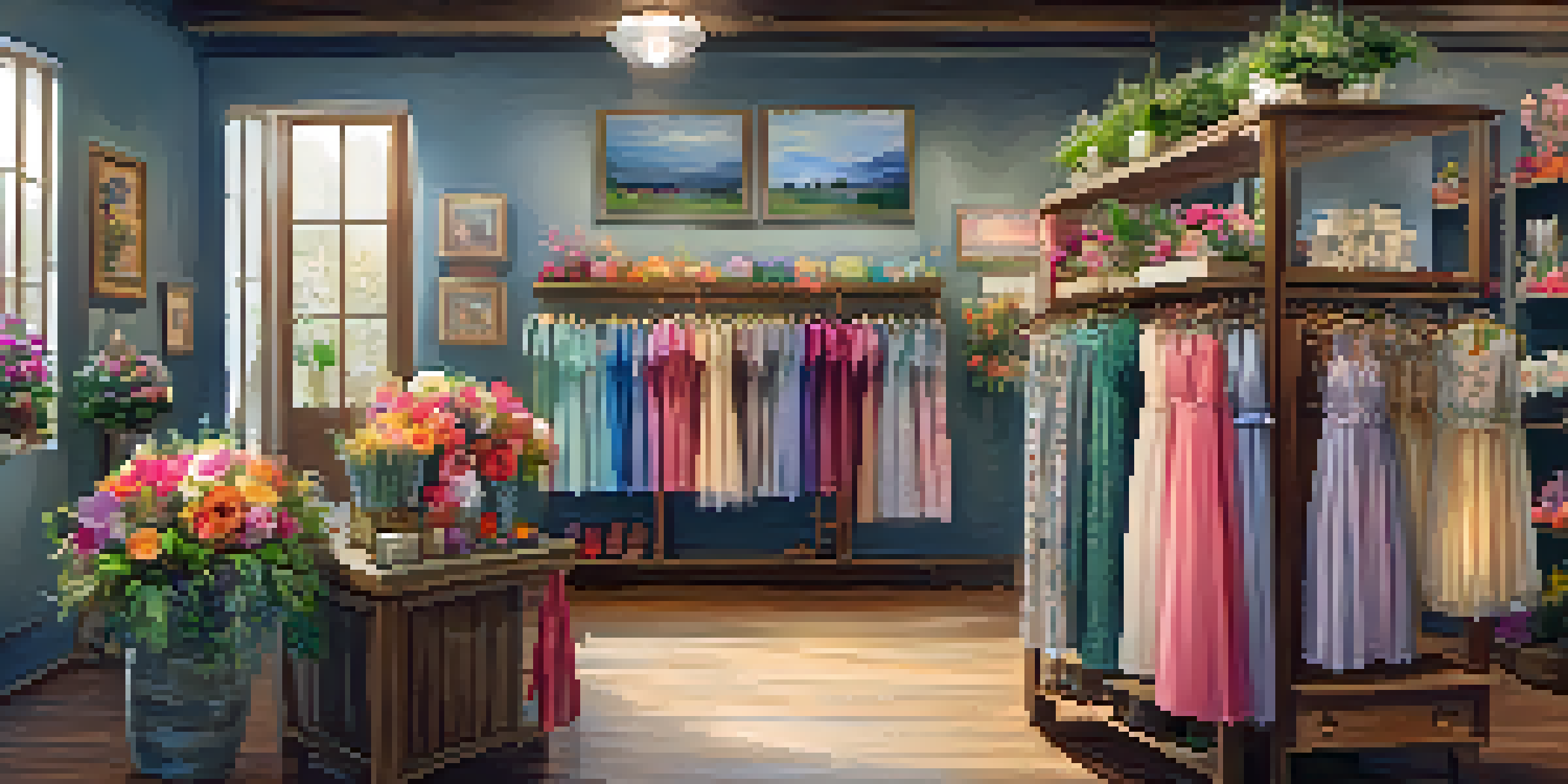 A colorful boutique filled with floral-themed clothing and accessories, with warm lighting and flower arrangements.
