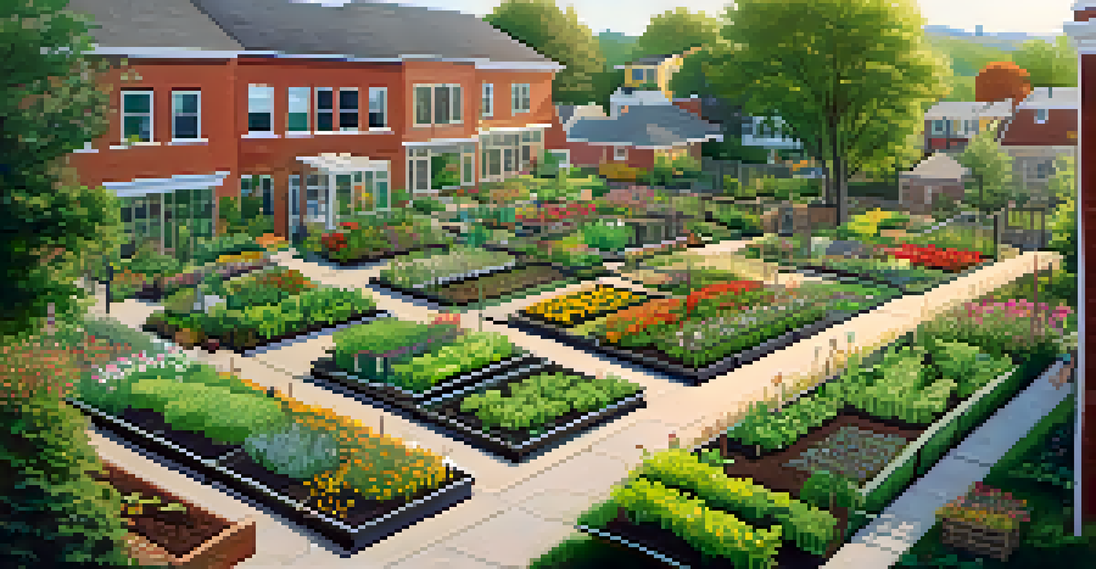 Aerial view of a well-organized community garden with sections for vegetables, herbs, and flowers, illuminated by soft sunlight.