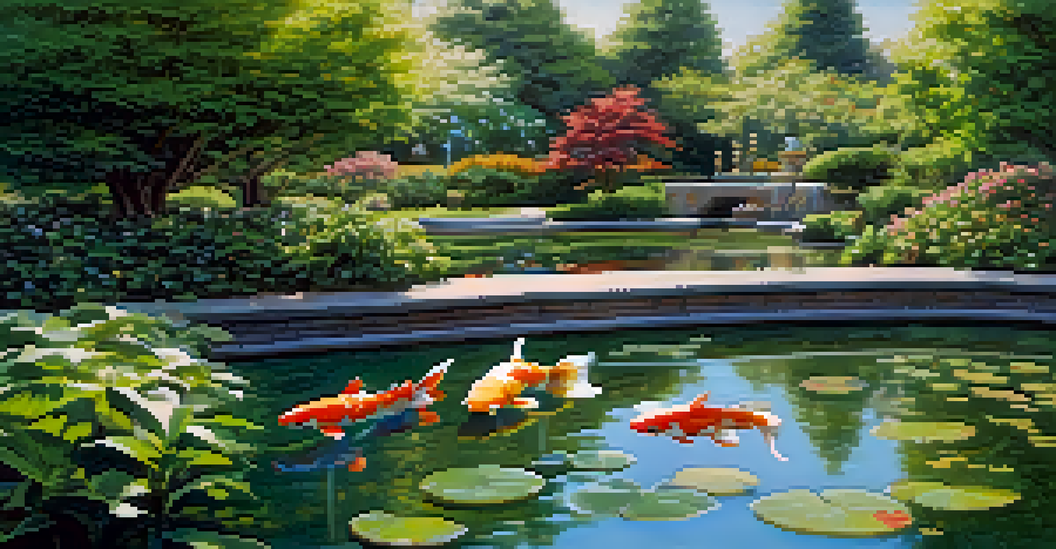 A serene Koi Pond sculpture with koi fish swimming, surrounded by greenery and families enjoying the peaceful setting.