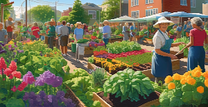 A colorful community garden with people of different ages working together, planting vegetables and flowers under warm sunlight.