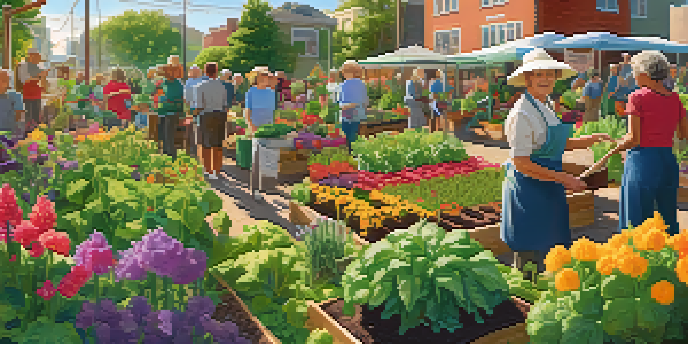 A colorful community garden with people of different ages working together, planting vegetables and flowers under warm sunlight.