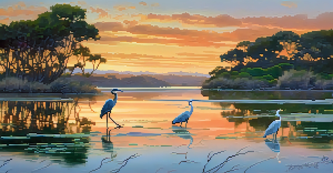 A tranquil sunset view of Batiquitos Lagoon with herons on the shore and colorful sky reflections in the water.