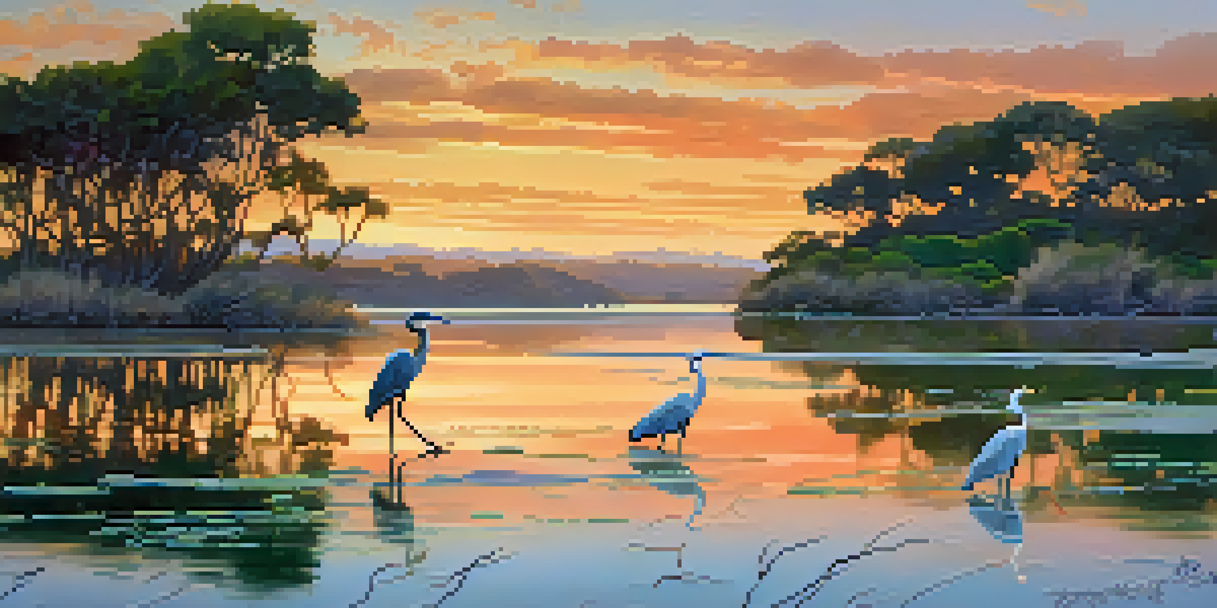 A tranquil sunset view of Batiquitos Lagoon with herons on the shore and colorful sky reflections in the water.