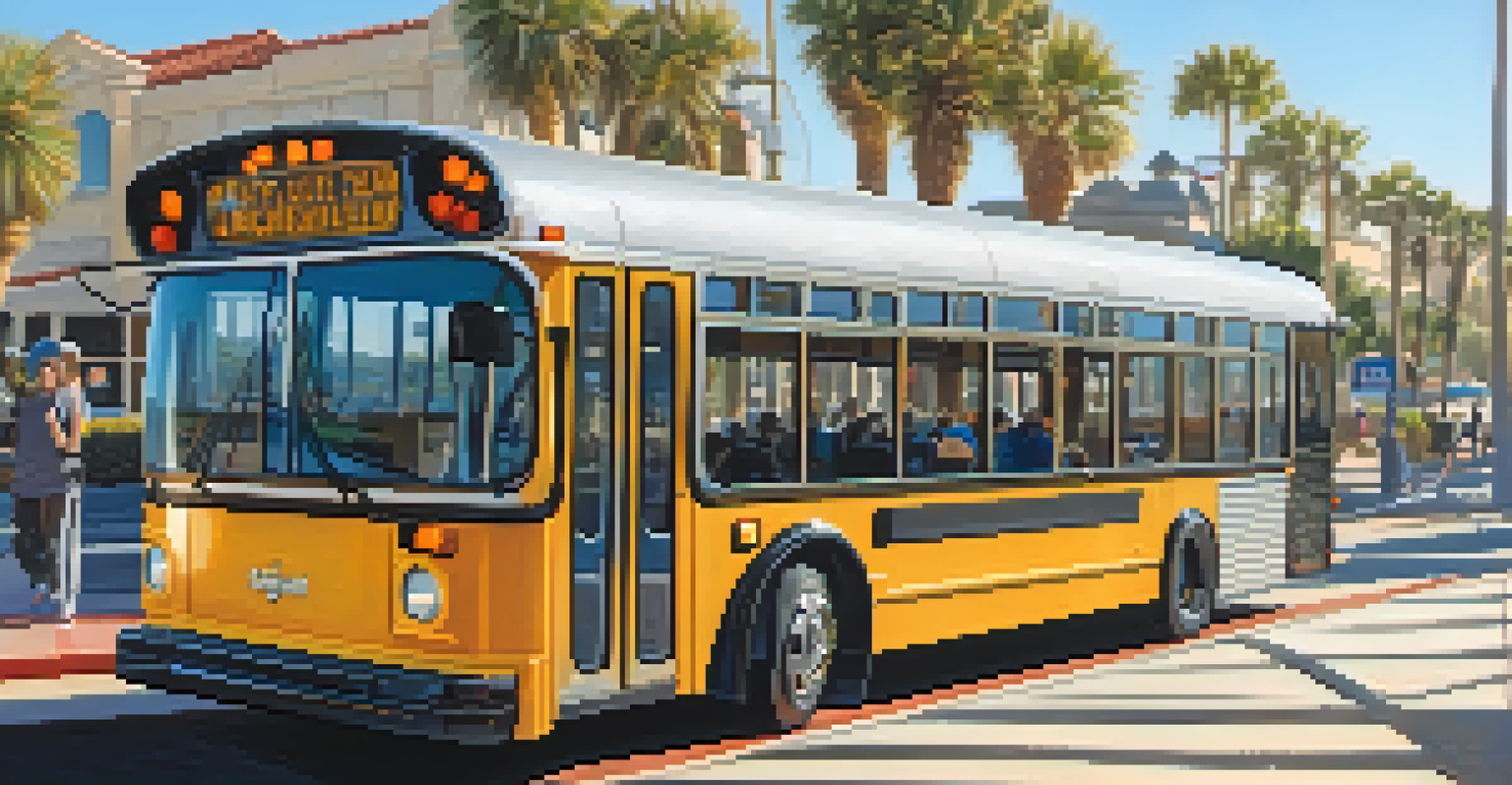 Close-up of a low-floor bus in Carlsbad with accessibility features and a city skyline background.