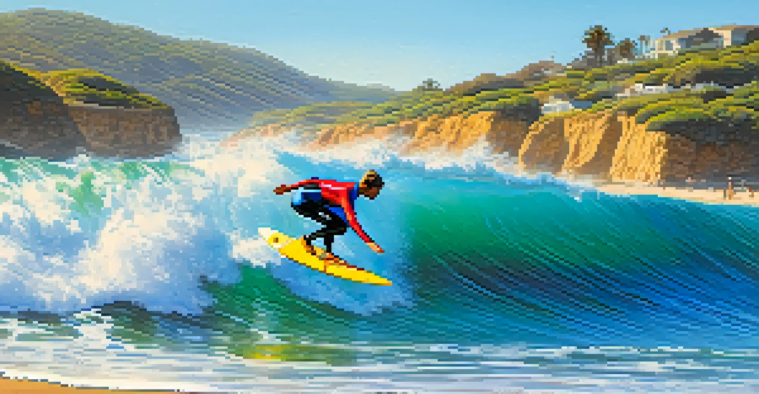 An intermediate surfer skillfully riding a wave at Ponto Beach, with splashes of water around.