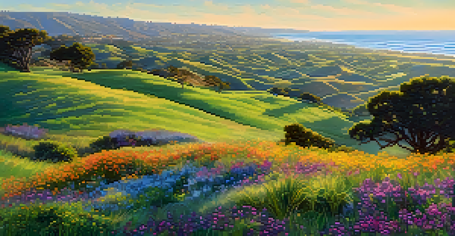 A panoramic view of Carlsbad's rolling hills with greenery, wildflowers, and the Pacific Ocean in the background.