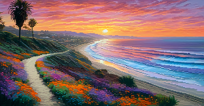 A picturesque sunset over the Pacific Ocean with colorful skies, a winding path, and palm trees in the foreground.