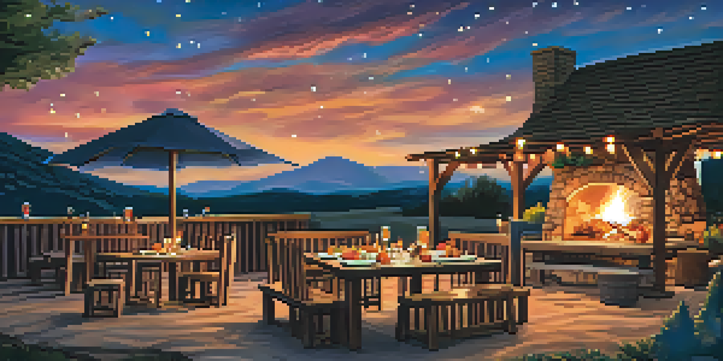 A warm outdoor dining scene featuring a campfire and rustic decor, with wood-fired pizzas and colorful cocktails on wooden tables.