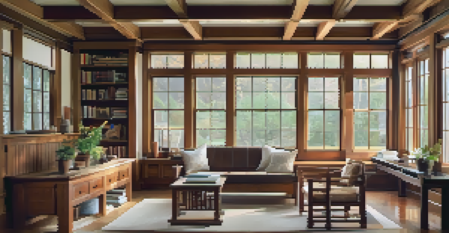 Interior of a Craftsman home with built-in wooden furniture, large windows, and exposed beams, filled with natural light.