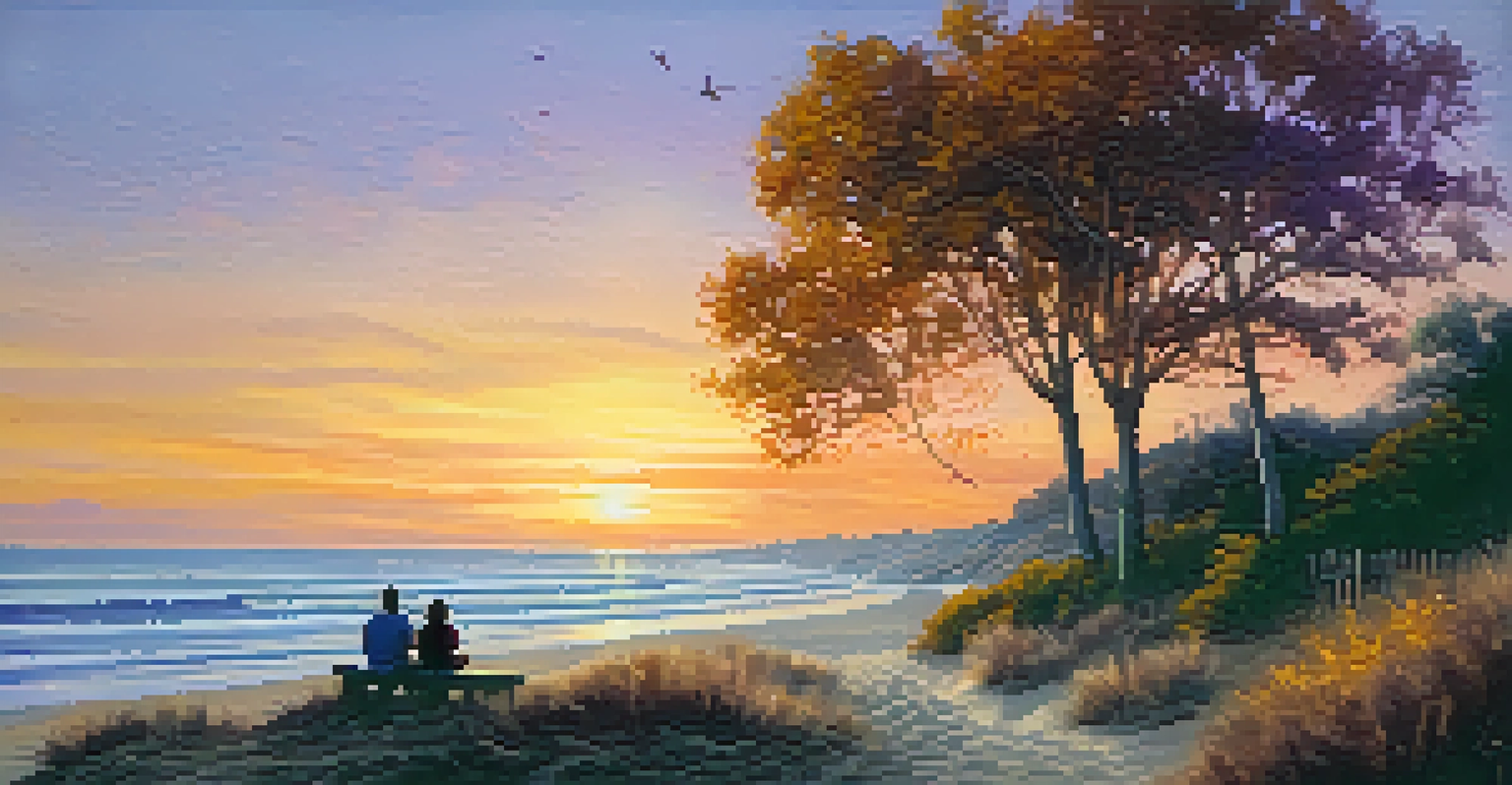 A peaceful fall evening in Carlsbad, with golden leaves and a sunset sky, featuring a couple by a beach bonfire.