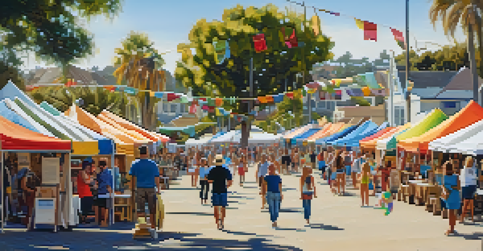 An artistic representation of the Carlsbad Village Art & Craft Fair, showcasing local artisans, surf-inspired artwork, and families participating in surf demonstrations.