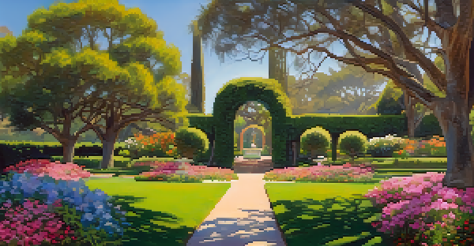 A beautiful garden scene in Carlsbad with blooming azaleas and eucalyptus trees, featuring winding paths and sunlight filtering through the leaves.