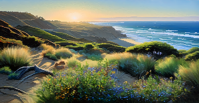 A coastal landscape in Carlsbad, California, showing green shrubs, wildflowers, and a California gnatcatcher bird with ocean waves in the background during sunset.
