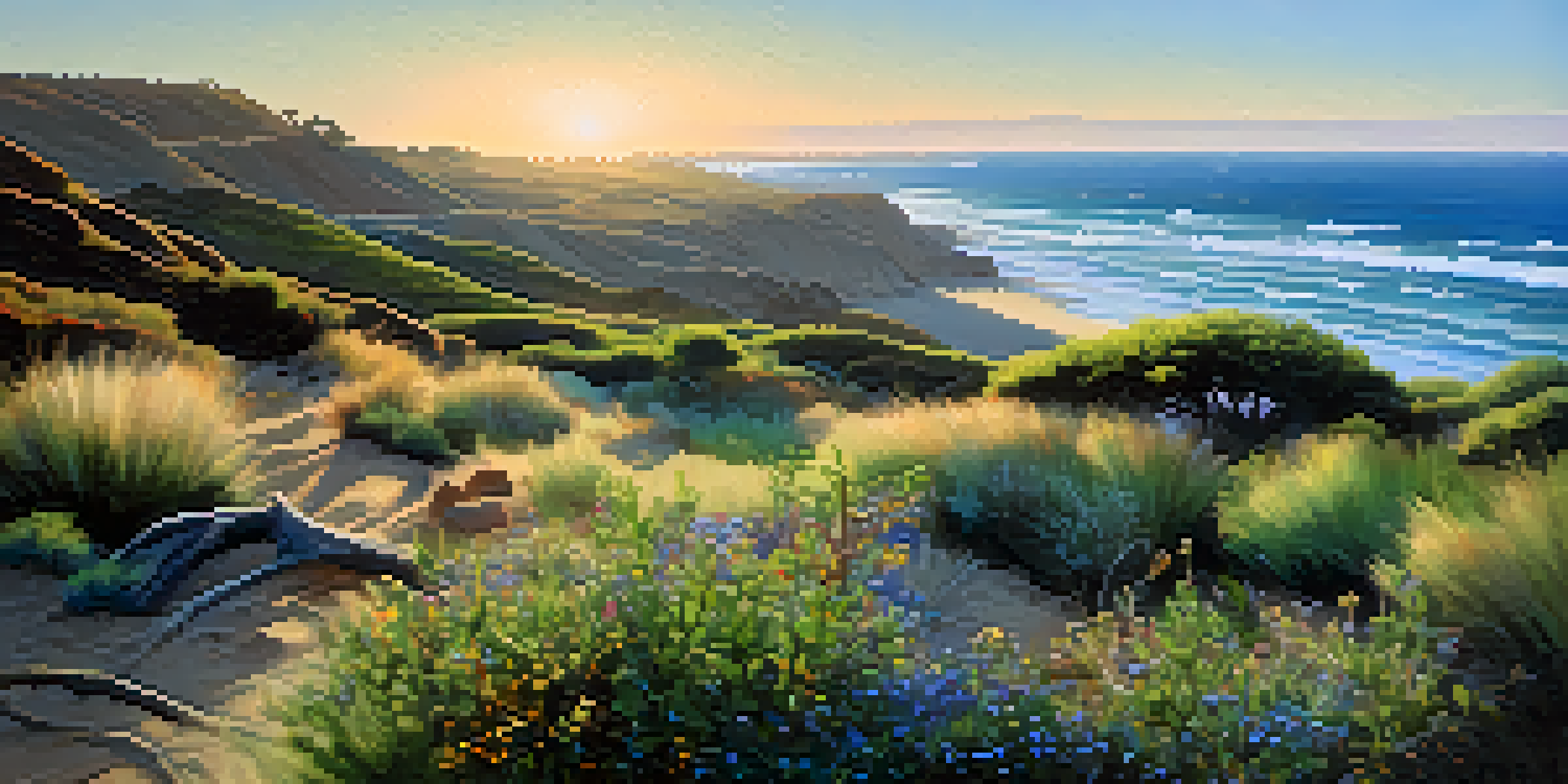A coastal landscape in Carlsbad, California, showing green shrubs, wildflowers, and a California gnatcatcher bird with ocean waves in the background during sunset.