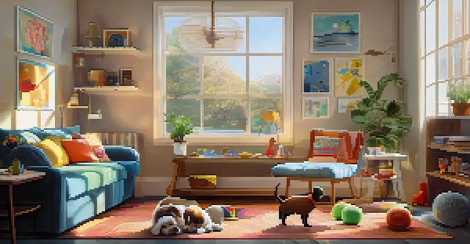 A warm and inviting living room with a designated pet area including a soft bed and toys, illuminated by sunlight.