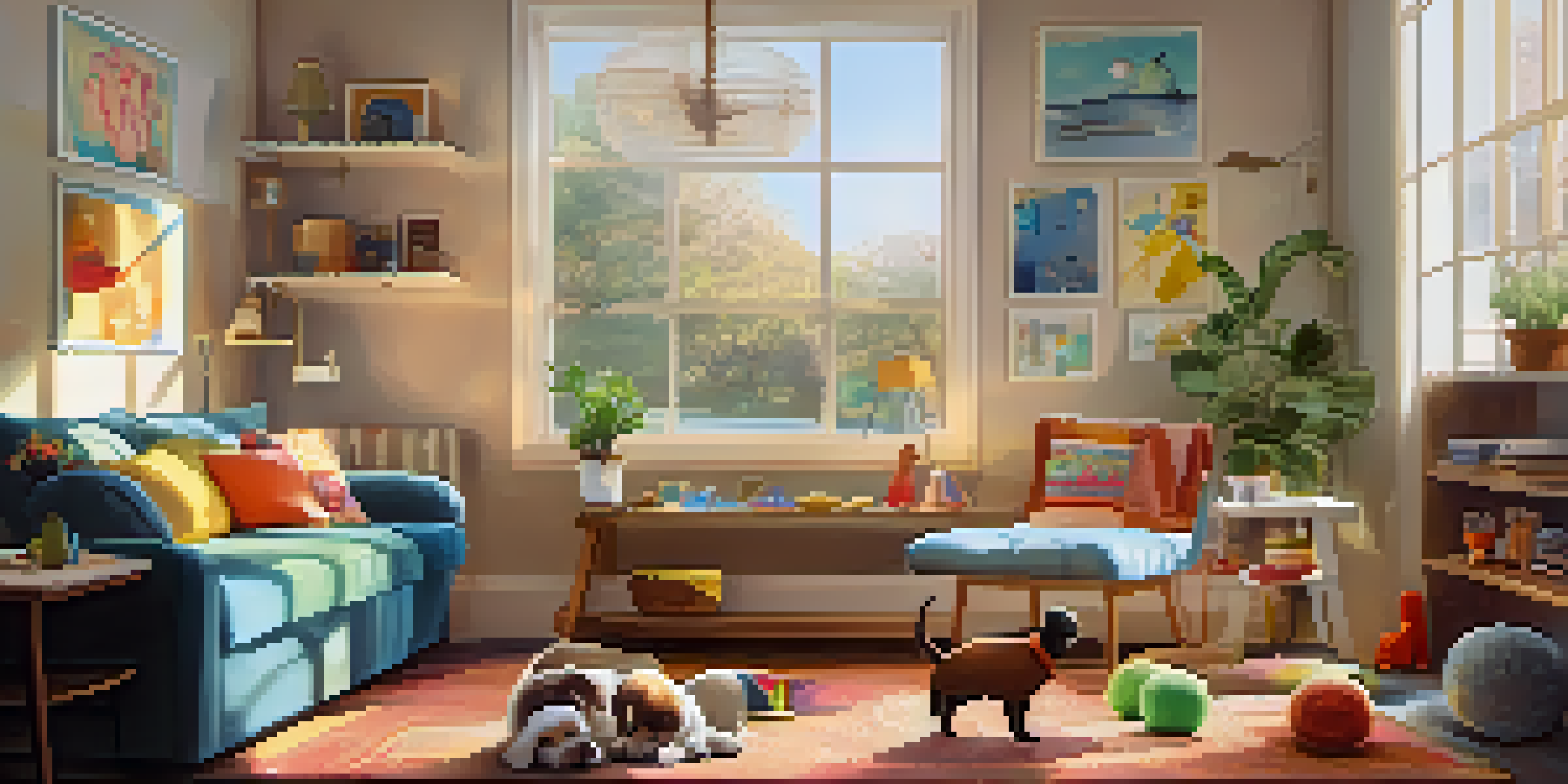 A warm and inviting living room with a designated pet area including a soft bed and toys, illuminated by sunlight.