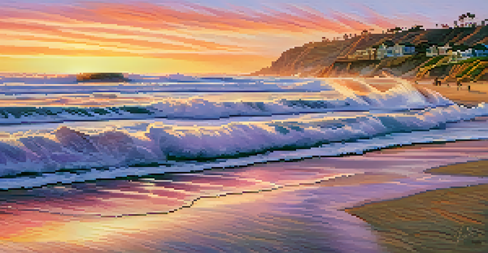 A peaceful sunrise over South Carlsbad State Beach with colorful skies and gentle waves on the shore.