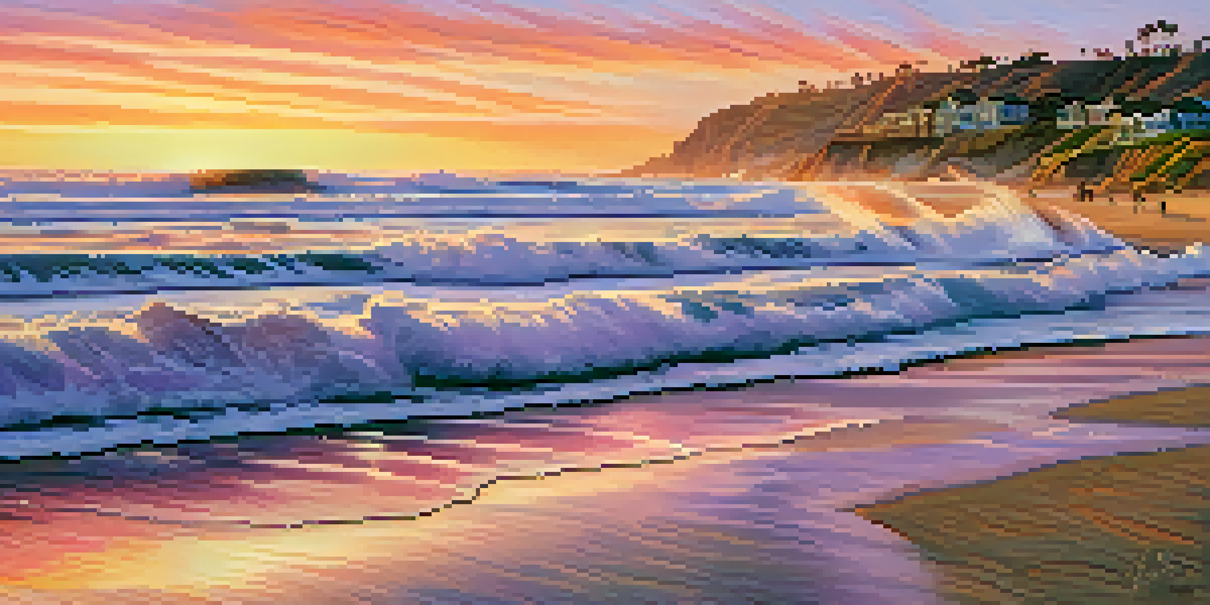 A peaceful sunrise over South Carlsbad State Beach with colorful skies and gentle waves on the shore.