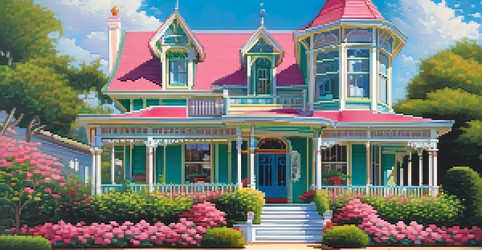 A beautiful Victorian house with pink exterior and green shutters, surrounded by a colorful garden under a clear blue sky.