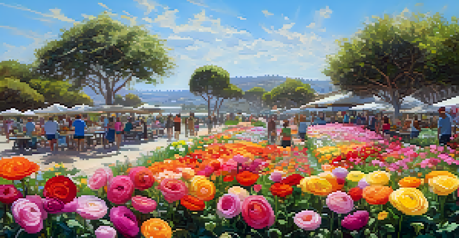 A colorful spring scene in Carlsbad Flower Fields, with blooming ranunculus flowers and families enjoying the outdoors under a sunny sky.