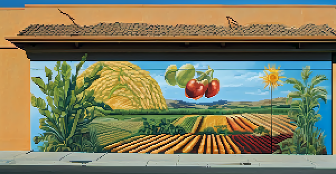 A colorful mural representing local agriculture on a building in Carlsbad, with elements of crops and wildlife under a clear blue sky.