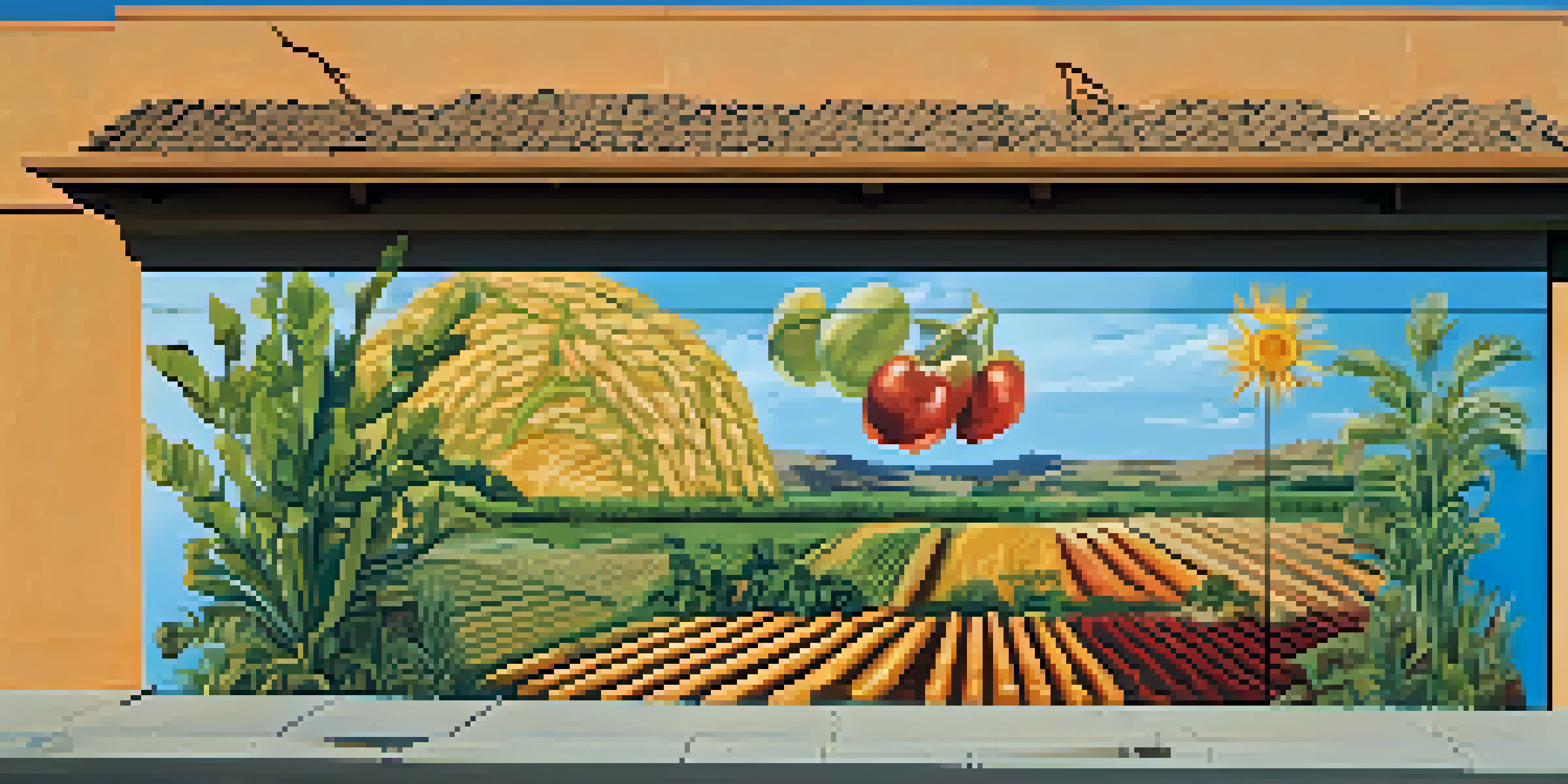 A colorful mural representing local agriculture on a building in Carlsbad, with elements of crops and wildlife under a clear blue sky.