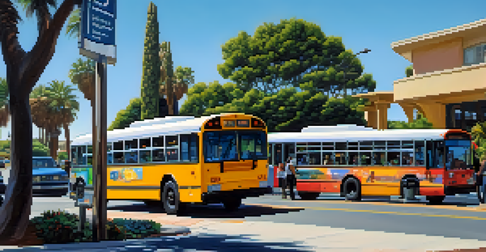 A lively bus stop in Carlsbad with colorful buses, greenery, and diverse people enjoying their commute.