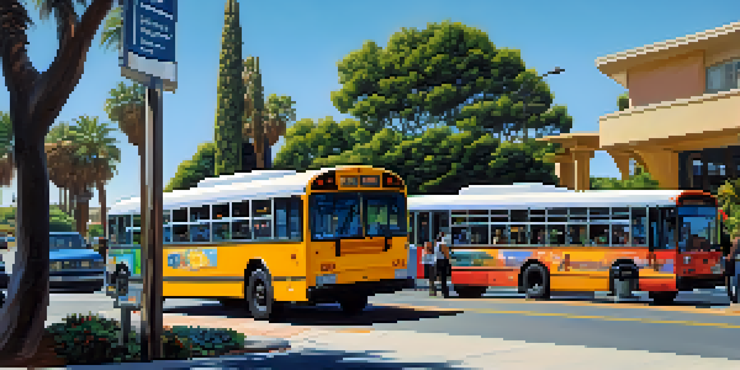 A lively bus stop in Carlsbad with colorful buses, greenery, and diverse people enjoying their commute.