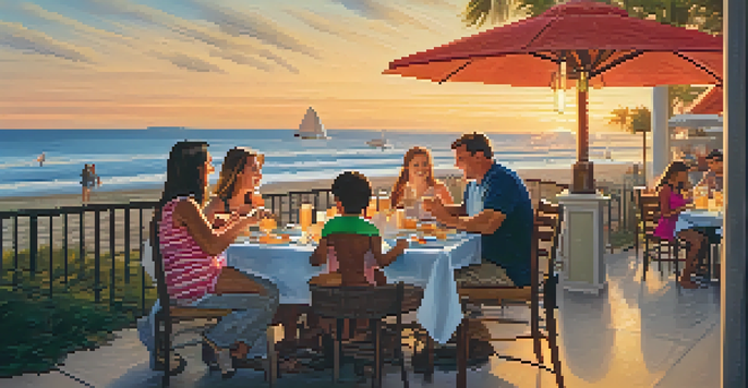 Families dining outdoors in Carlsbad, with children playing, colorful meals, and a sunset backdrop.