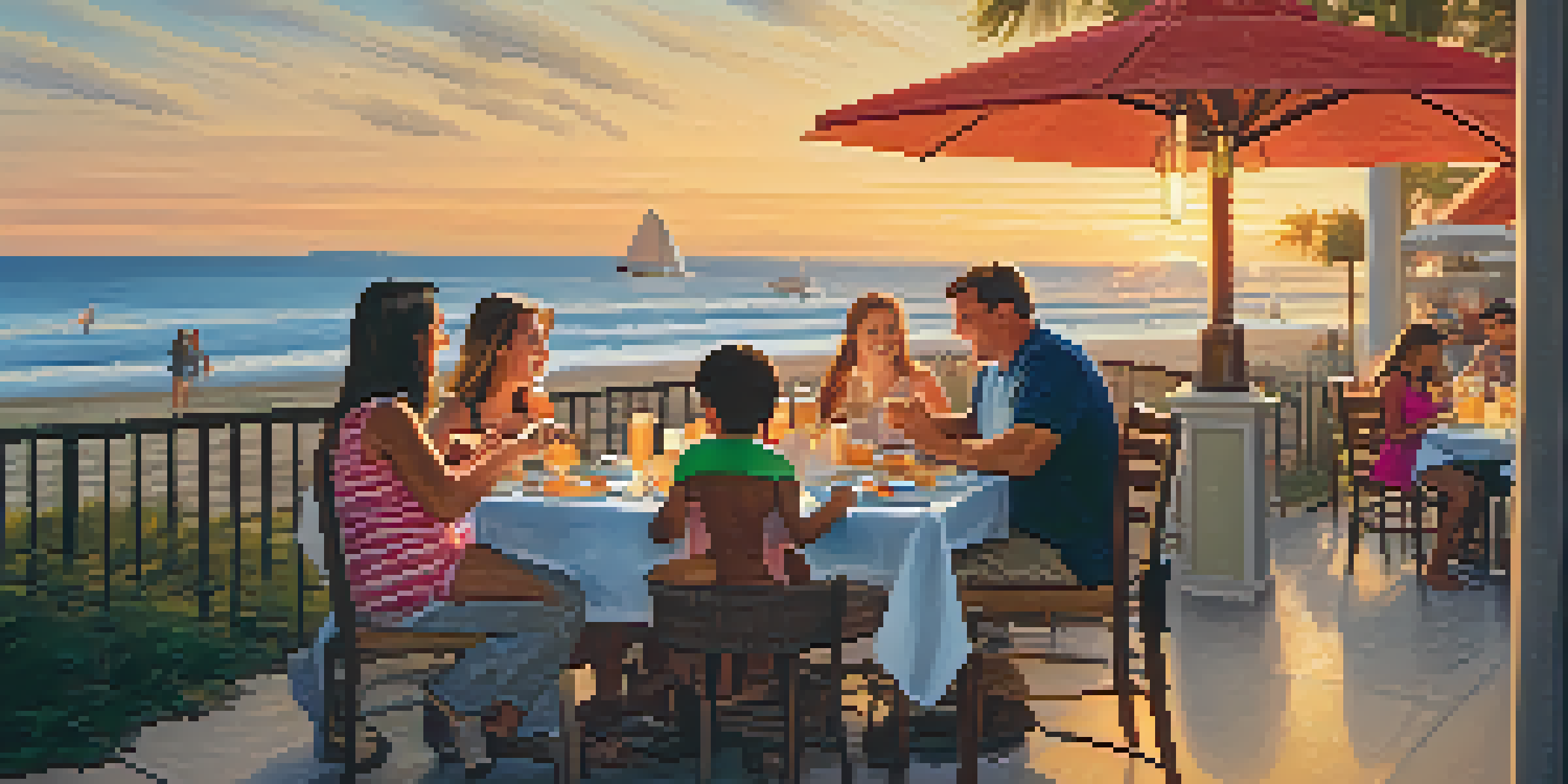 Families dining outdoors in Carlsbad, with children playing, colorful meals, and a sunset backdrop.