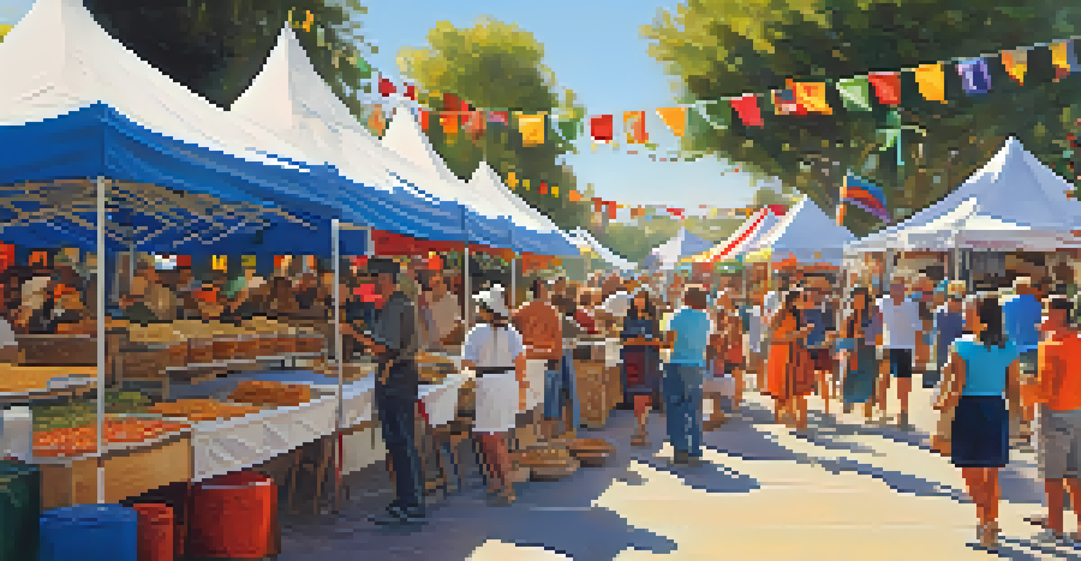 A lively cultural festival with food stalls and art displays, showcasing community diversity and joy outside a historical museum.