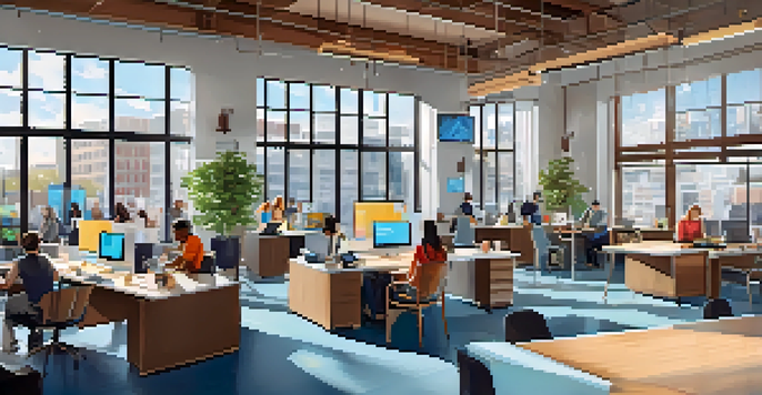 A modern coworking space with diverse entrepreneurs working together on technology projects, filled with natural light and colorful decor.