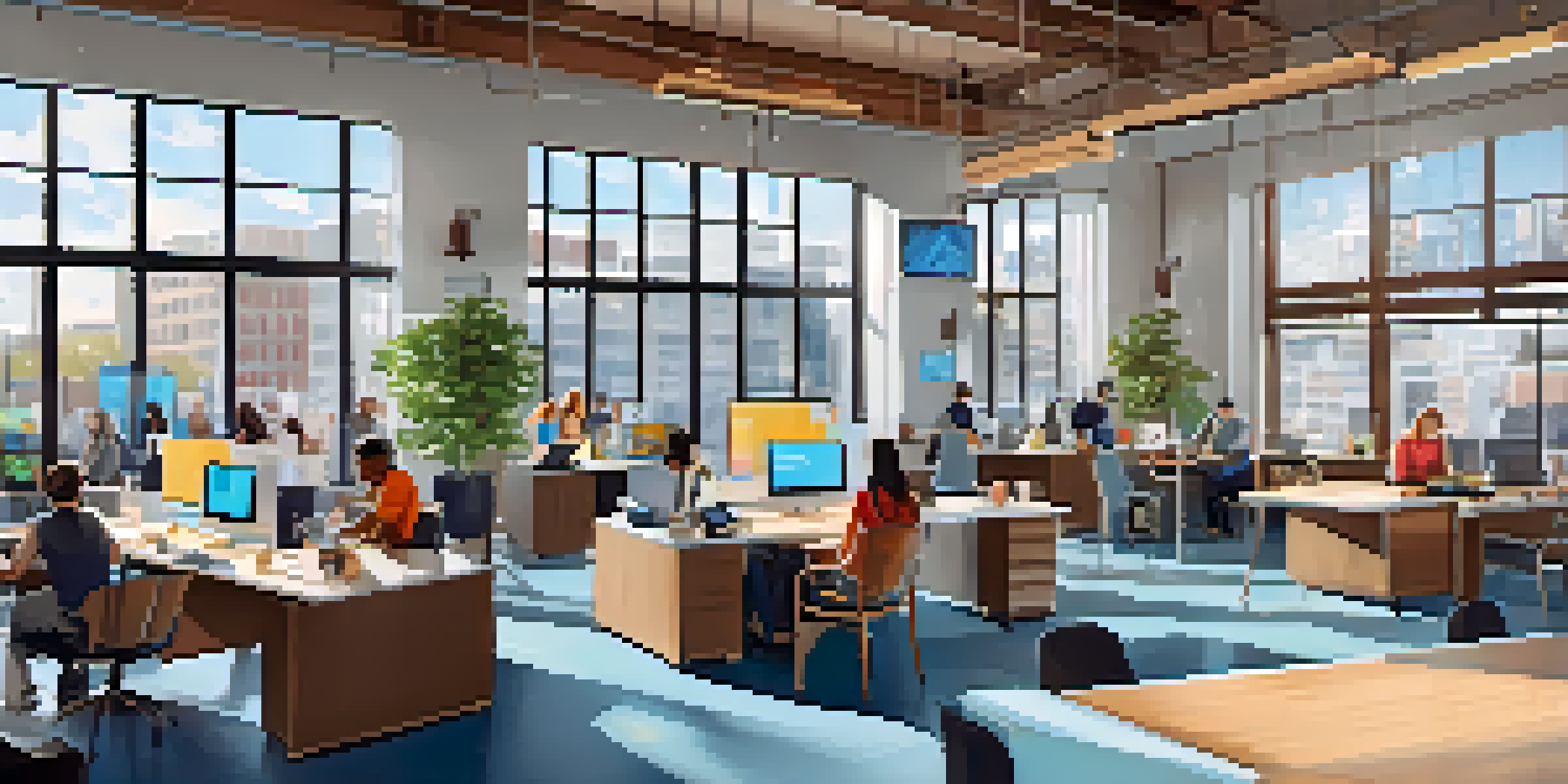 A modern coworking space with diverse entrepreneurs working together on technology projects, filled with natural light and colorful decor.