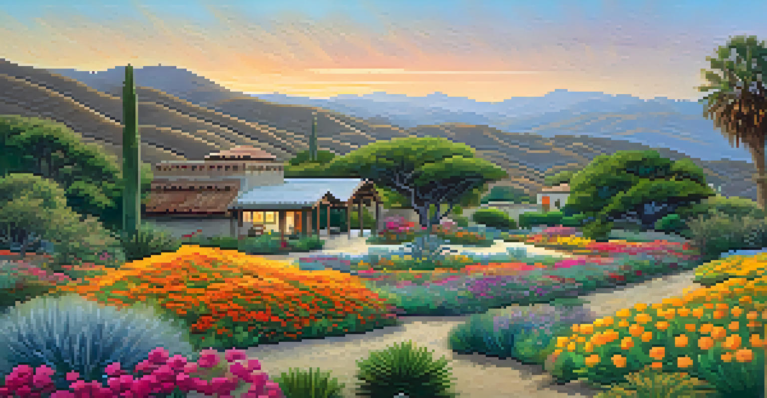 A tranquil scene at Leo Carrillo Ranch with adobe buildings, gardens, and peacocks under a sunset sky.